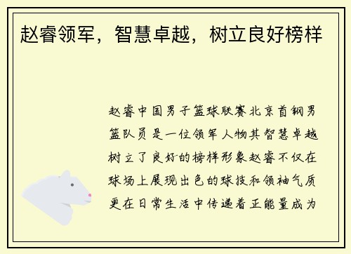 赵睿领军，智慧卓越，树立良好榜样